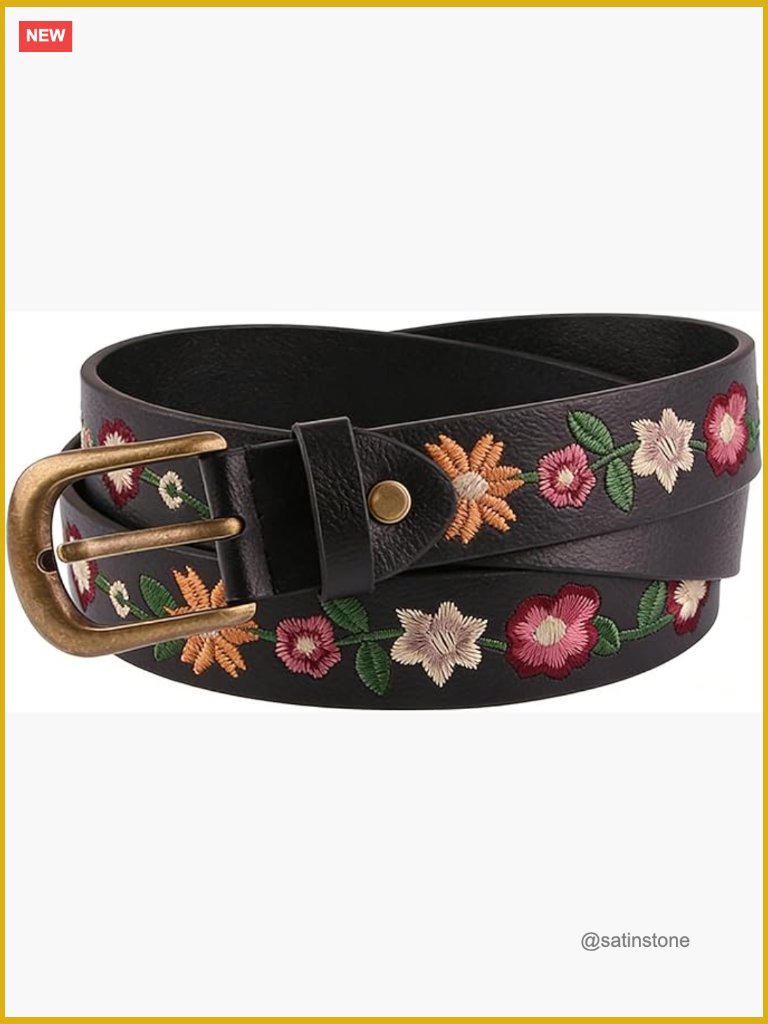 Floral-Embroidered Faux Leather Belt - Vintage Boho
